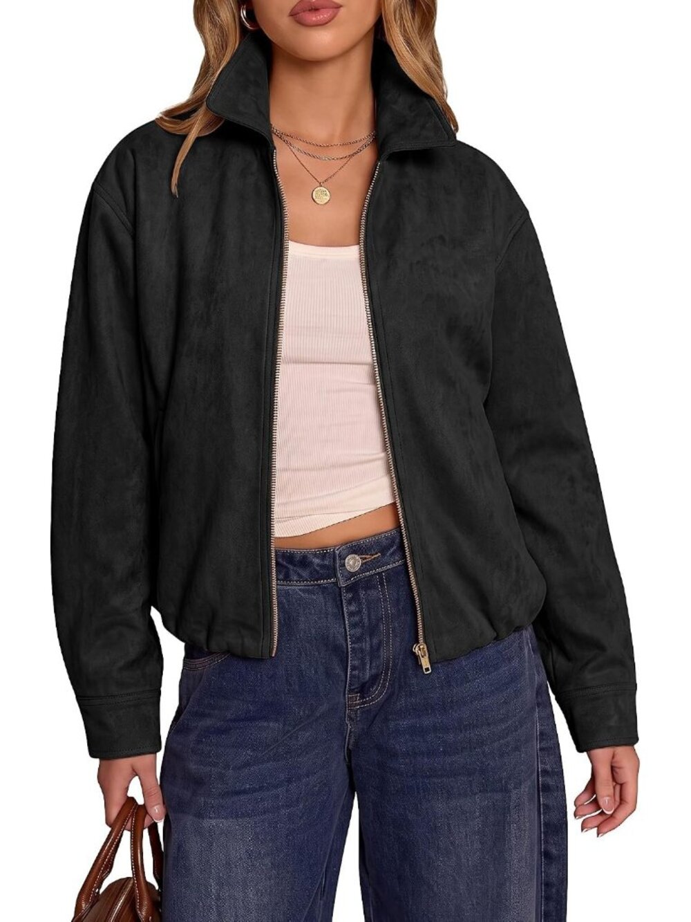 Women Black Faux Suede Oversized Zip Up Slash Pocket Drop Shoulder Bomber Jacket